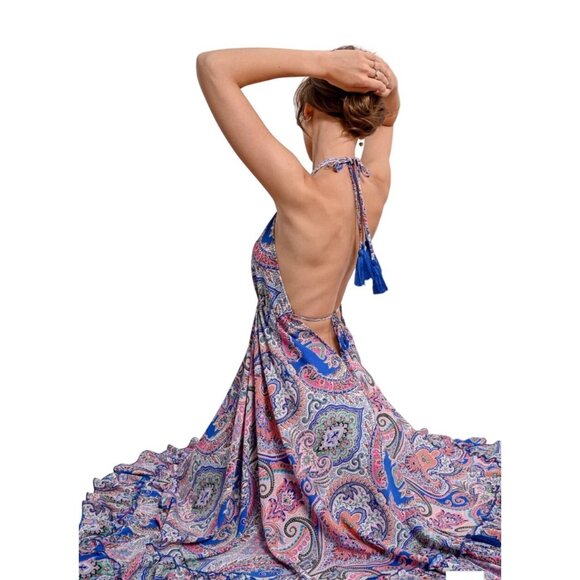 Molly Bracken Ladies Woven Long Backless Dress Multicolor Paisley XL Ruffle Hem - Picture 6 of 10